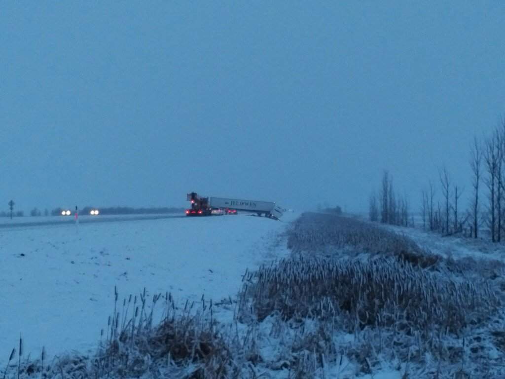 Semi blocks traffic on Highway 1, west of Elie, Man.