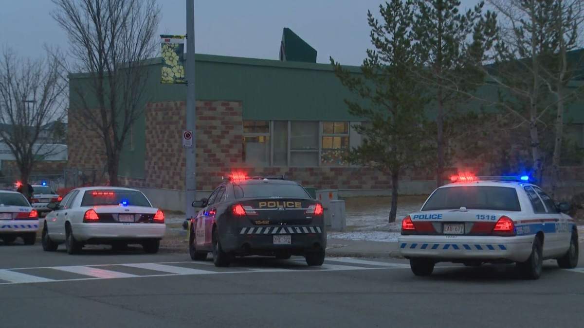 Calgary police gather at Crossing Park School in the 500 block of Martindale Blvd. N.E. at around 8 a.m. on Friday, No.v. 18, 2016.
