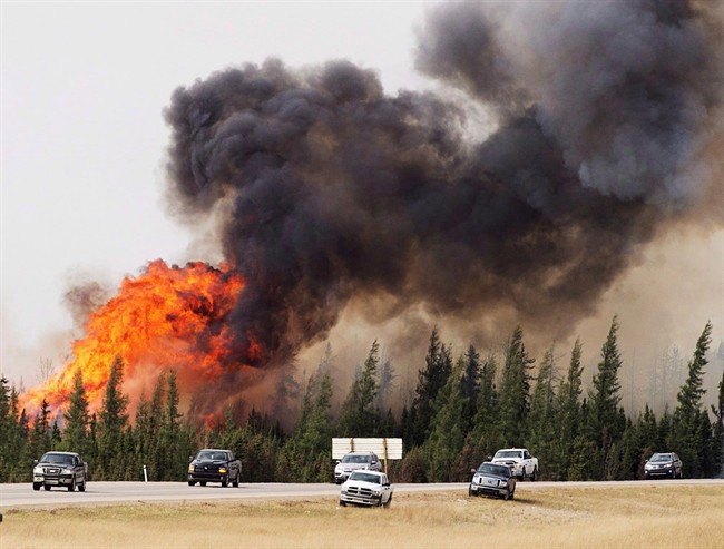 A convoy of evacuees from Fort McMurray, Alberta drive past wildfires as they leave the city Saturday, May 7, 2016. 
