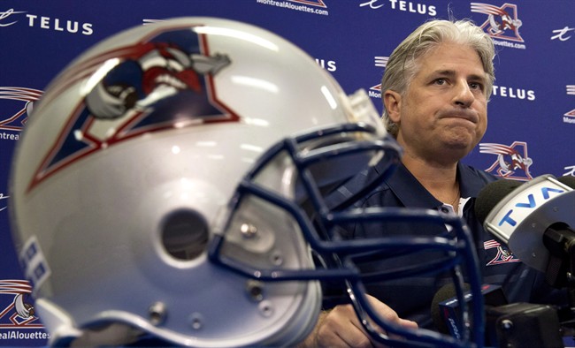 Montreal Alouettes general manager Jim Popp attends a news conference in Montreal on Thursday, August 1, 2013. Popp will not return as general manager of the Montreal Alouettes. Team president Mark Weighman said the split was done by mutual agreement and that search for a replacement has begun.