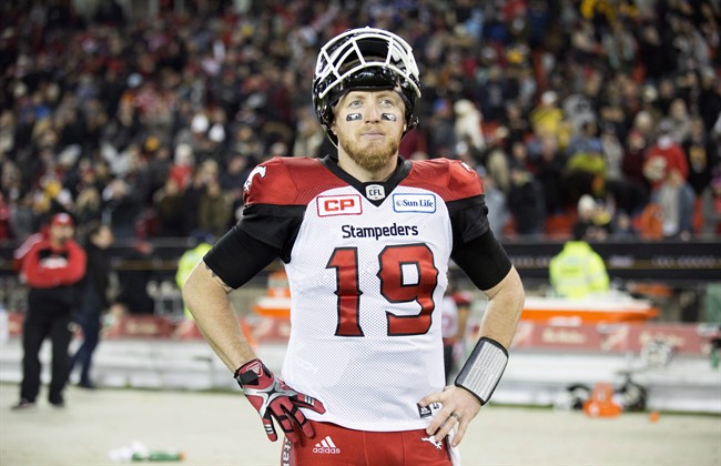 Calgary Stampeders quarterback Bo Levi Mitchell (19) walks off the field after losing the CFL Grey Cup game to the Ottawa Redblacks, Sunday, November 27, 2016 in Toronto.