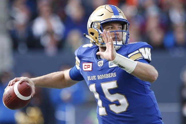 Winnipeg Blue Bombers quarterback Matt Nichols (15) throws against the B.C. Lions during the first half of CFL action in Winnipeg Saturday, October 8, 2016. Nichols and the Blue Bombers could give themselves some playoff clarity Friday night. 