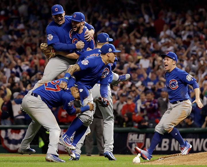 Chicago Cubs celebrate after Game 7 of the Major League Baseball World Series against the Cleveland Indians Thursday, Nov. 3, 2016, in Cleveland. The Cubs won 8-7 in 10 innings to win the series 4-3. 