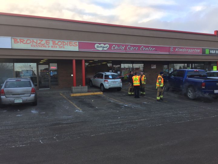 A car smashed into the front window of Tender Heart Child Care Center in northeast Edmonton Tuesday, Nov. 29, 2016.