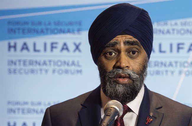 Canada's Defence Minister Harjit Sajjan speaks to reporters during the Halifax International Security Forum in Halifax, N.S. on Friday, November 18, 2016.