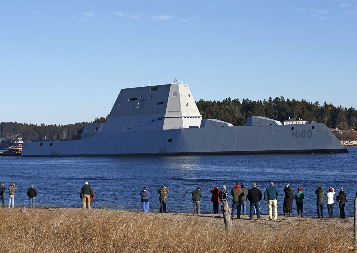In this Dec. 7, 2015, file photo, the USS Zumwalt travels down the Kennebec River in Phippsburg, Maine. 