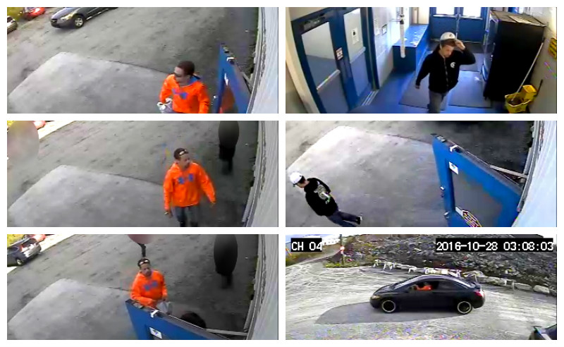 Photos released by Halifax police show a suspect and vehicle said to be involved in the break-ins of vehicles at the Rocky Lake Dome in Bedford, Thursday, Oct. 27, 2016.