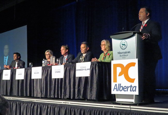 Former Conservative MP Jason Kenney speaks to 1,100 members in the first Alberta Progressive Conservative party leadership forum while the other five leadership candidates, Stephen Khan, left to right, Sandra Jansen, Byron Nelson, Richard Starke and Donna Kennedy Glans listen in Red Deer, Alta. Saturday, November 5, 2016.