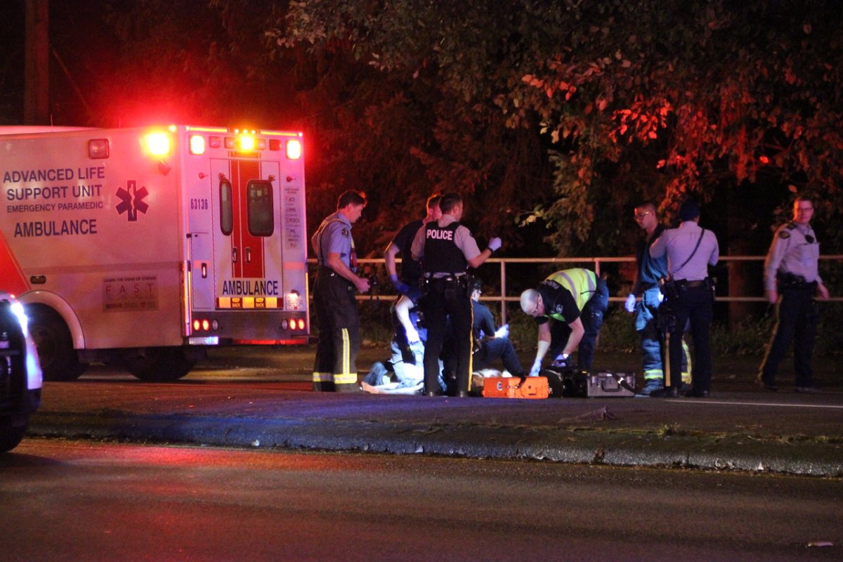 Emergency crews on scene in Surrey Wednesday night. A man died after being hit by a car.