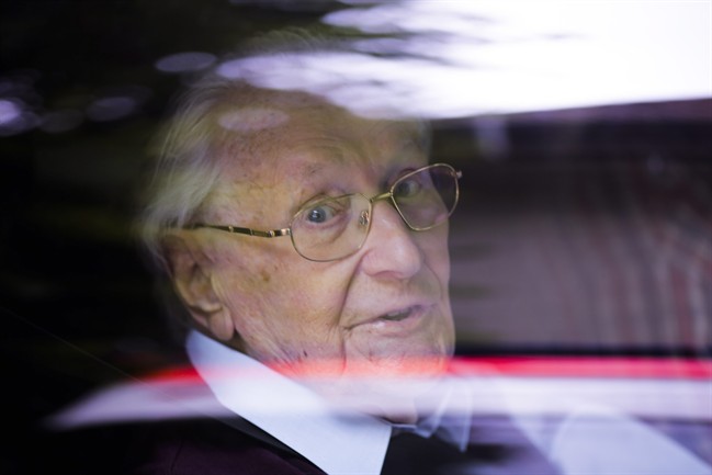 FILE - In this July 15, 2015 file photo former SS sergeant Oskar Groening arrives for the judgement at the trial against him in in Lueneburg, Germany. A German federal court has upheld the conviction for being an accessory to murder of the 95-year-old former SS sergeant who served at the Auschwitz death camp, his lawyer said Monday, Nov. 28, 2016. (AP Photo/Markus Schreiber, file).