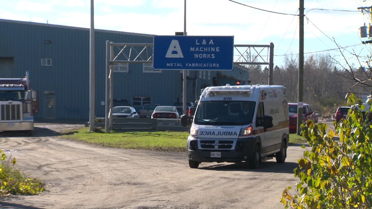 Emergency crews respond to an industrial accident at L&A Metalworks in Fredericton on Monday, Nov. 7. 