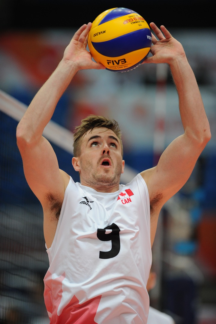 Dustin Schneider tosses in warm up prior to the match between Canada and Russia during the FIVB Men's Volleyball World Cup Japan 2015 at the Toyama City Gymnasium on September 17, 2015 in Toyama, Japan.