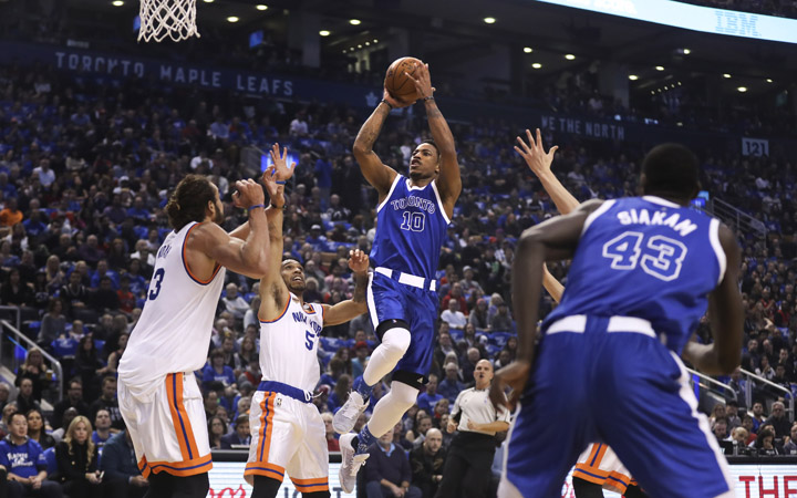 Toronto Raptors guard DeMar DeRozan drives to the hoop.
against the New York Nicks at the Air Canada Centre in Toronto.