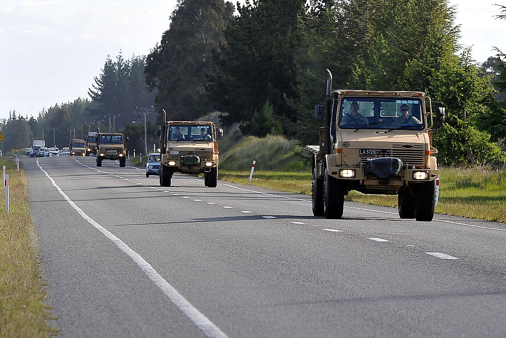 An army convoy brings supplies to the town of Kaikoura after an earthquake on November 14, 2016. 