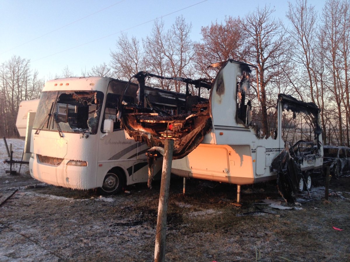 A fire Thursday morning on a rural property near Gibbons, Alta. destroyed a motor home, multiple fifth wheel trailers and a vehicle. November 24, 2016.