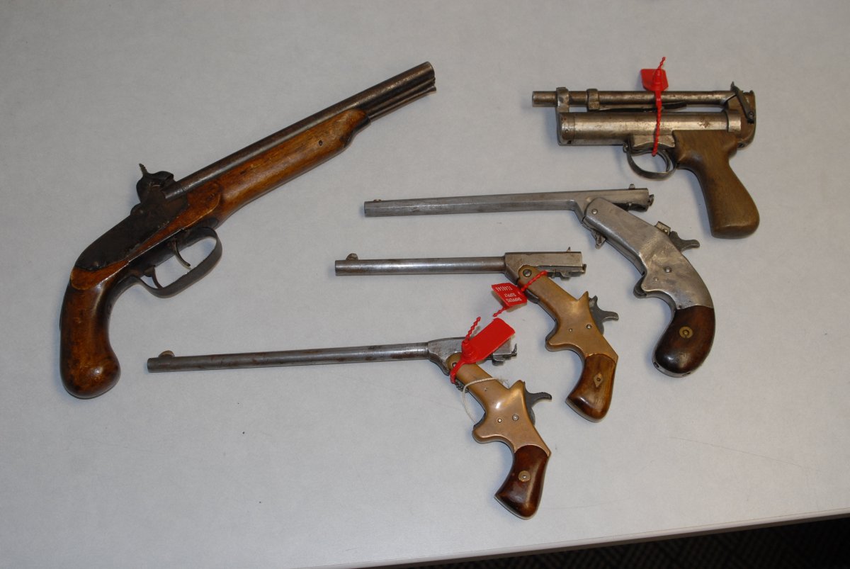 5 pistols turned into the Kelowna RCMP during the amnesty, three of the firearms .22 calibre pistols (centred in the photo) were said to be hand made during the early war period. The pistol in the upper right side of the photo is an air pistol, while the other was a musket hand gun.
