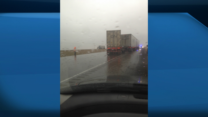 Three semi tractors have jack-knifed on Highway 11 about 4 kilometers south of Davidson, Sask. Both the northbound and southbound lanes were completely blocked Monday morning. 