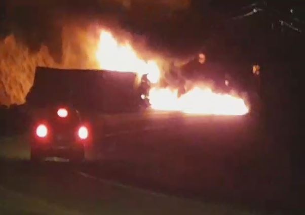 A single vehicle crash shut down Highway 97 near Okanagan Falls Monday evening for almost five hours. A transport lost control on Waterman Hill and burst into flames. 