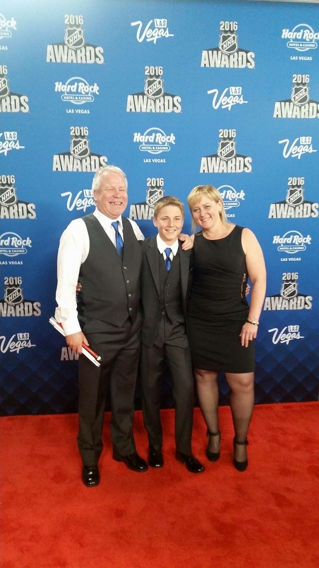 Gerry Nelson, Wyatt Nelson and Shannon Zook at 2016 NHL Awards.