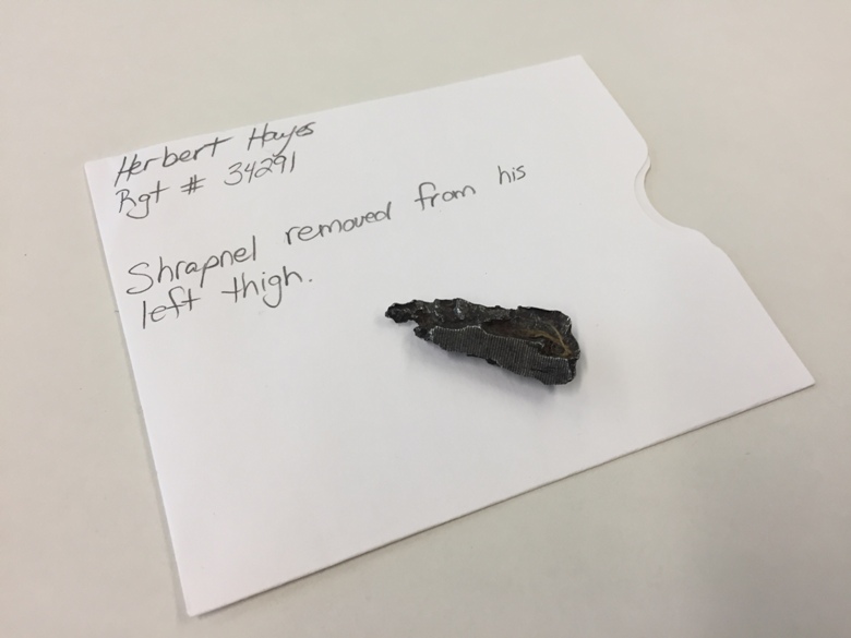 A piece of shrapnel removed from the leg of Canadian soldier Herbert Hayes.