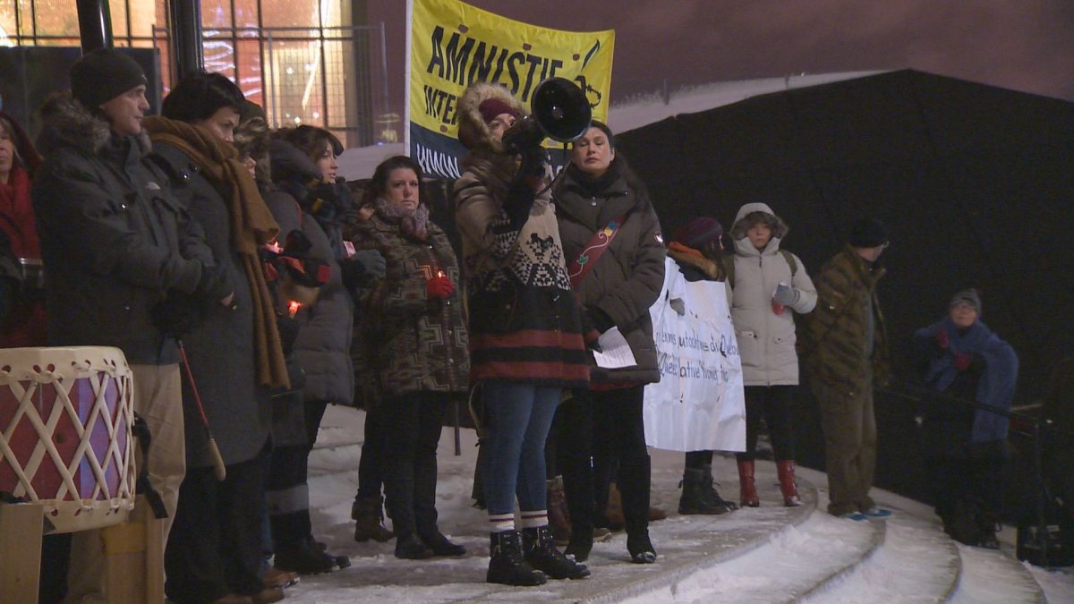 A vigil in solidarity with the indigenous women of Val d'Or was held at Place-des-Arts in downtown Montreal, Tuesday, November 22, 2016.