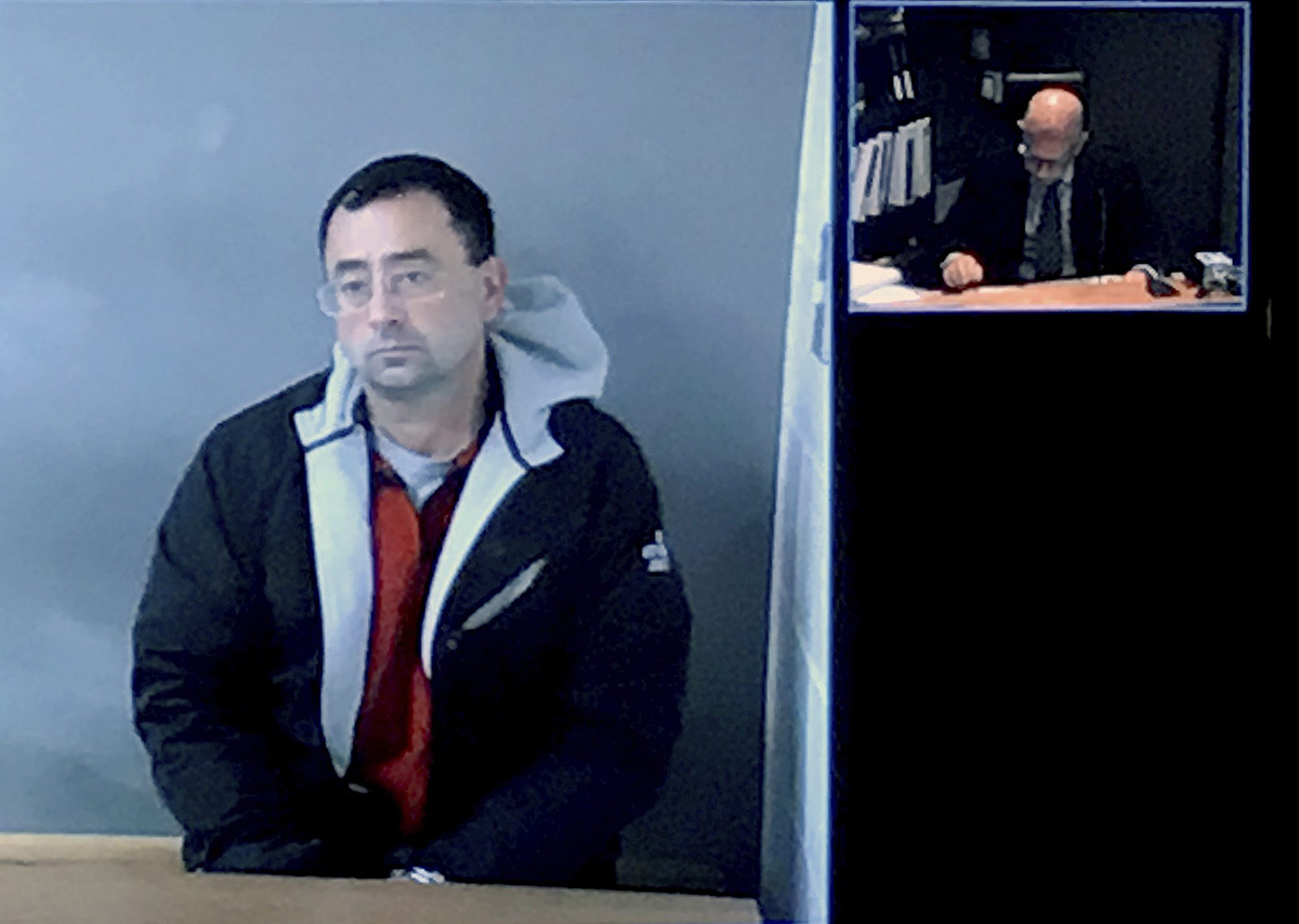 Larry Nassar appears via video link for his arraignment hearing Tuesday, Nov. 22, 2016, in Mason, Mich.