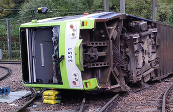 A photo issued by the Rail Accident Investigation Branch shows a tram which derailed near the Sandilands stop in Croydon, London, Wednesday, Nov. 9, 2016. 