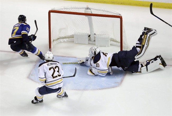 St. Louis Blues' Jaden Schwartz, left, scores past Buffalo Sabres goalie Robin Lehner, of Sweden, and Sam Reinhart (23) during the third period of an NHL hockey game Tuesday, Nov. 15, 2016, in St. Louis.