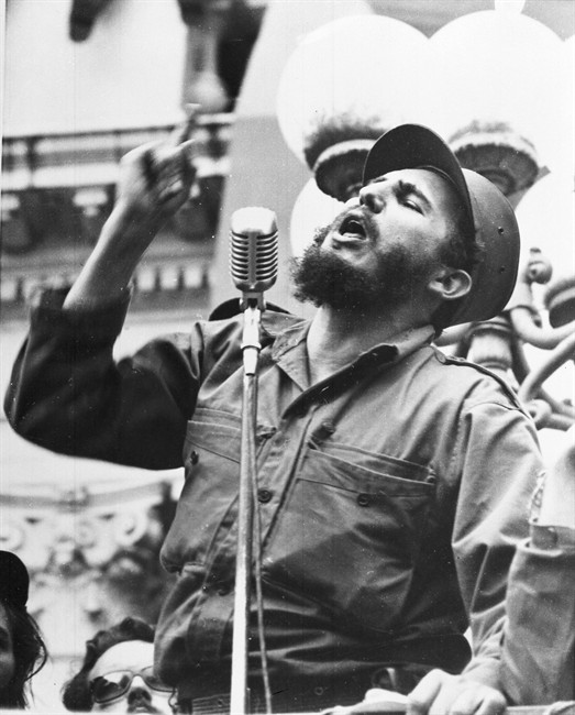 In in this Feb. 6, 1959 file photo, Cuba’s leader Fidel Castro speaks to a crowd during his triumphant march to Havana after the fall of the Batista regime. Former President Fidel Castro, who led a rebel army to improbable victory in Cuba, embraced Soviet-style communism and defied the power of 10 U.S. presidents during his half century rule, has died at age 90.