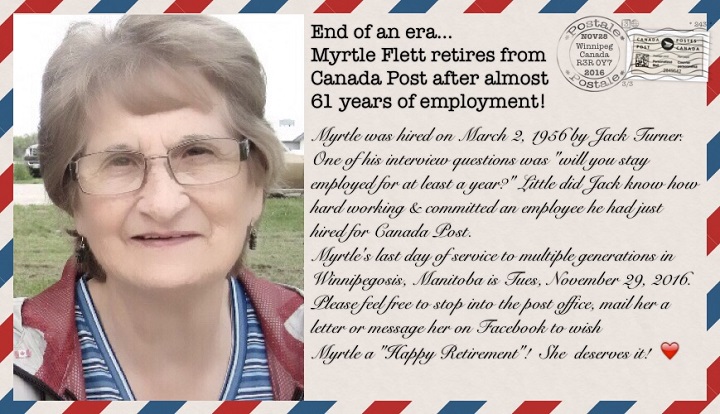 Myrtle Flett has been working with Canada Post in Winnipegosis, Man., for more than 60 years. 