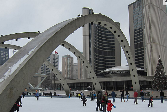 Nathan Phillips Square is one of the few outdoor ice rinks open in Toronto.