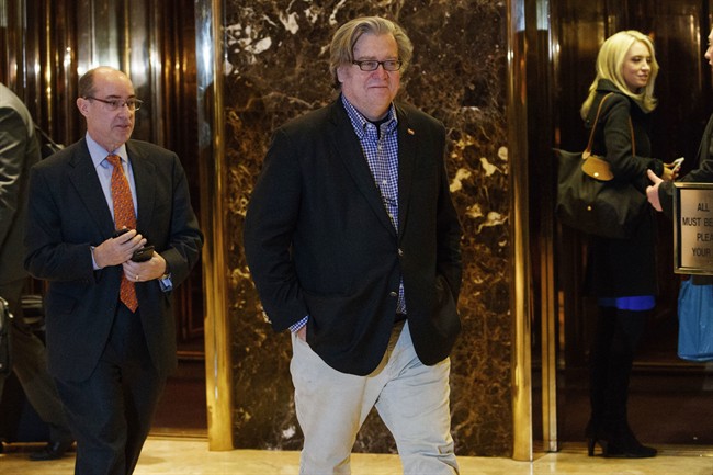 In this Friday, Nov. 11, 2016, file photo, Stephen Bannon leaves Trump Tower in New York.