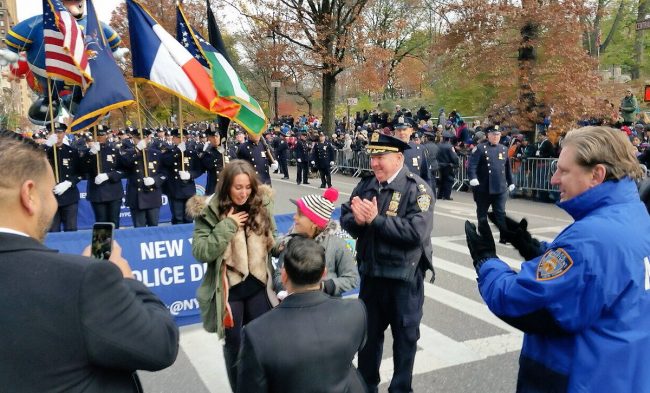 Andrew Dossi proposes to his girlfriend at the Macy's Thanksgiving Day Parade on Thursday, Nov. 24, 2016.