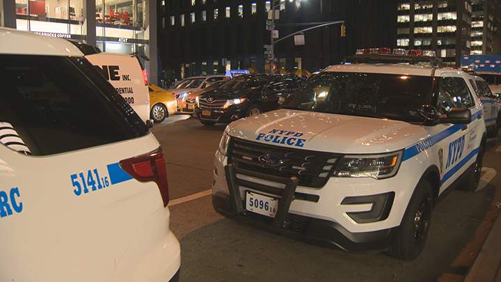 NYPD vehicles line the streets in preparation for election night.