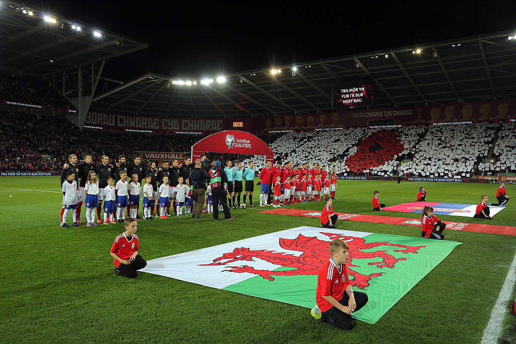 Fans display a poppy mosaic as Wales and Serbia players line up for their national anthems before a World Cup qualifier in Cardiff on Nov. 12, 2016. 