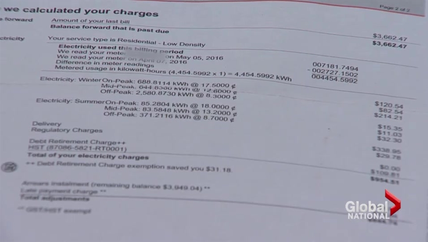 A look at one of the couple's monthly hydro bills.