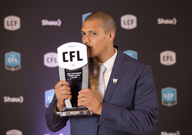 Winnipeg Blue Bombers kicker Justin Medlock poses after being named Most Outstanding Special Teams Player at the CFL Awards in Toronto on Nov. 24, 2016. 