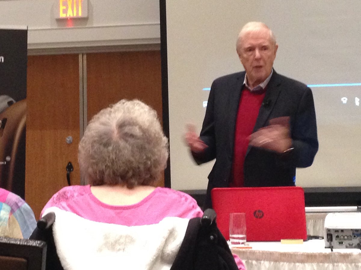 B.C. broadcast legend Red Robinson speaking at a hearing expo in Kelowna.