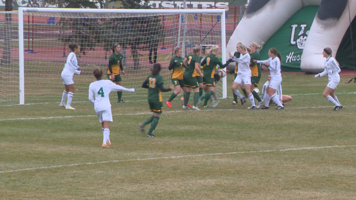 The Saskatchewan Huskies women’s soccer team in action on Oct. 29, 2016. The squad is off to the national championships after capturing bronze at the Canada West tournament over the weekend.