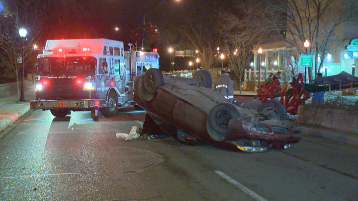 Driver flees on foot after a speeding vehicle rolls at the base of Saskatoon’s University Bridge.