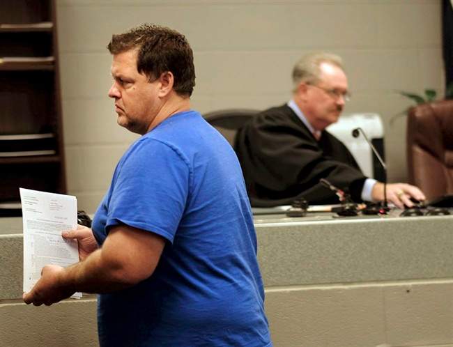 Todd Kohlhepp appears in a Spartanburg County magistrate courtroom, Friday, Nov. 4, 2016, in Spartanburg, S.C.. Kohlhepp, a 45-year-old registered sex offender with a previous kidnapping conviction, appeared at a bond hearing Friday on a kidnapping charge in connection to a woman being found chained inside a storage container on a property in Woodruff, S.C. More charges will be filed later, the prosecutor told the court.