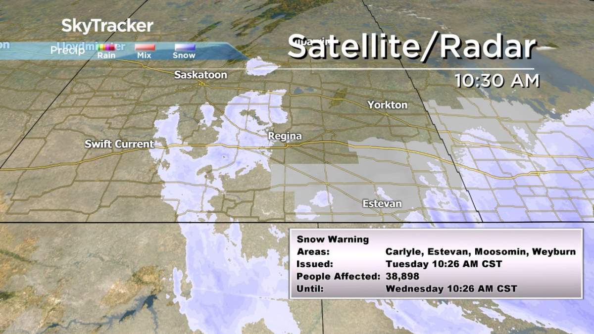A snowfall warning remains in effect in southeast Saskatchewan on Tuesday, November 29, 2016.