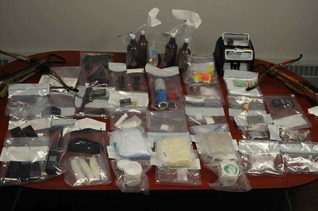 RCMP from Spruce Grove/Stony Plain and Morinville seized a large quality of methamphetamine, cocaine and GHB, a stolen handgun and other weapons such as tasers, brass knuckles and crossbows, along with about $100,000 in stolen property. November 3, 2016.