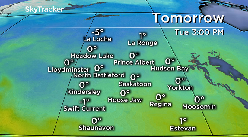 Temperatures will struggle to get up above freezing Tuesday across central Saskatchewan.