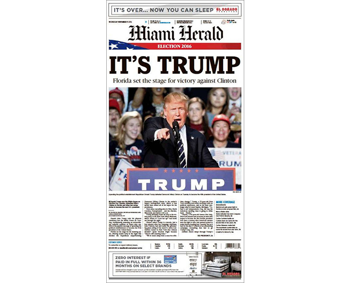Newspaper front pages day after Donald Trump shocked America