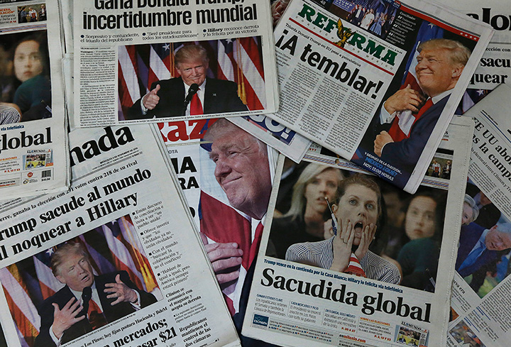 Mexican newspapers headline with Donald Trump's triumph over Hillary Clinton, in Mexico City, Wednesday, Nov. 9, 2016. 