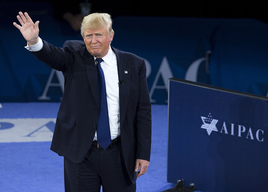 Donald Trump waves after addressing the American Israel Public Affairs Committee (AIPAC) 2016 Policy Conference at the Verizon Center in Washington, DC, March 21, 2016.