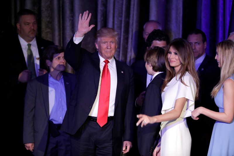 President-elect Donald Trump waves to his supporters after giving his acceptance speech during his election night rally, Wednesday, Nov. 9, 2016, in New York. 