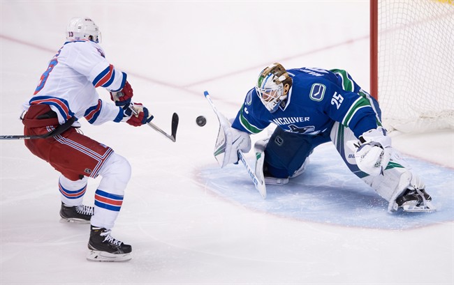 New York Rangers' Kevin Hayes, left, scores against Vancouver Canucks' goalie Jacob Markstrom, of Sweden, during the third period of an NHL hockey game in Vancouver, B.C., on Tuesday November 15, 2016.