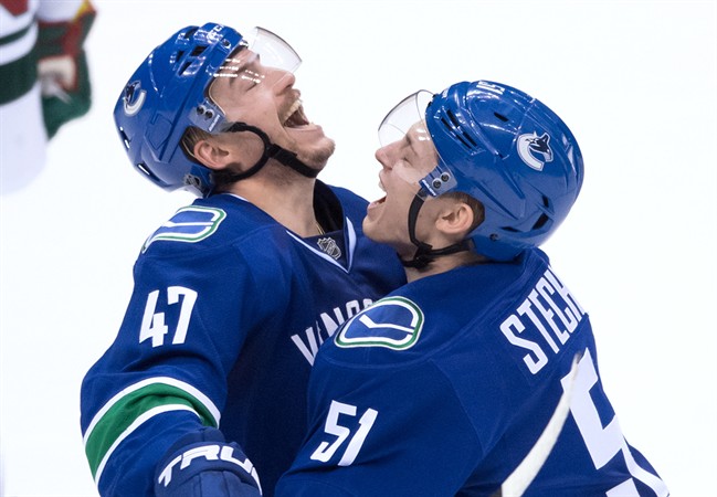 Vancouver Canucks' Sven Baertschi, left, and Troy Stecher celebrate Baertschi's second goal against the Minnesota Wild during the third period of an NHL hockey game in Vancouver, B.C., on Tuesday November 29, 2016.